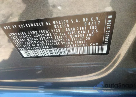 2017 Volkswagen Jetta 1.4T Se z USA, uszkodzony, nr VIN 3VWDB7AJ3HM366472